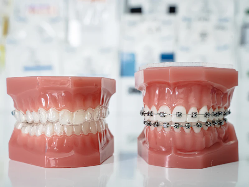 Two teeth models side by side, one with clear aligners and one with metal braces