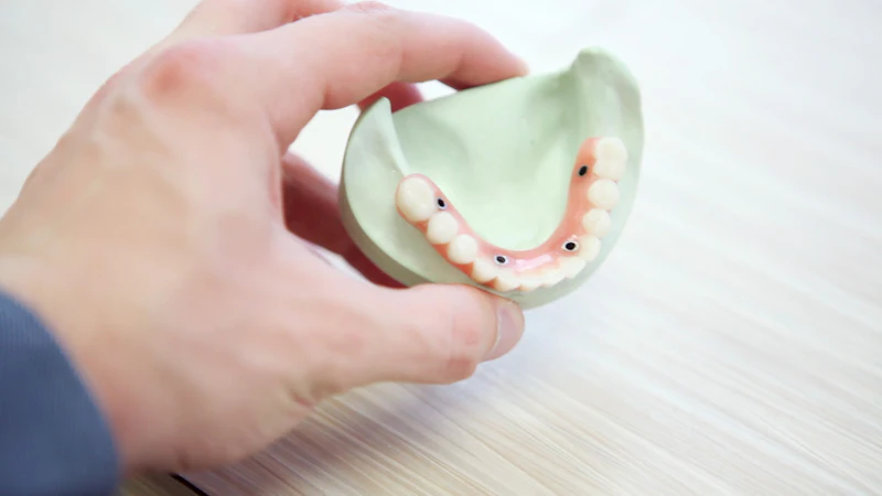 A hand holding a jaw model with a row of replacement teeth joined together as one bridge
