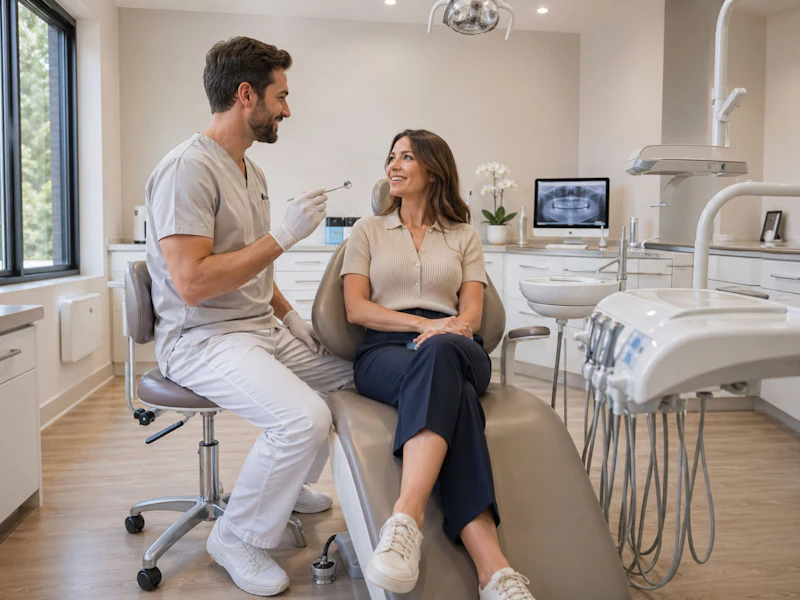 A dentist talking with a patient sitting in the dental chair